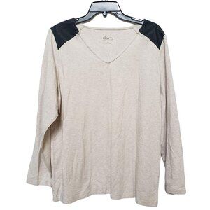 D&Co Beige Long-Sleeve Top With Black Faux Leather Quilted Shoulders V-Neckline